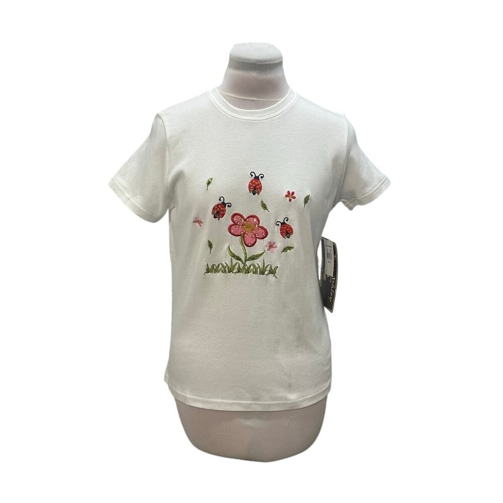 NWT JANE ASHLEY Embroidered Sequined Ladybug Top PS 100% Soft Cotton Novelty NEW